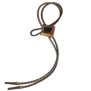 VTG Western Square Navy Blue Goldstone Bolo Braided Fabric Necktie Gold Tone 36”